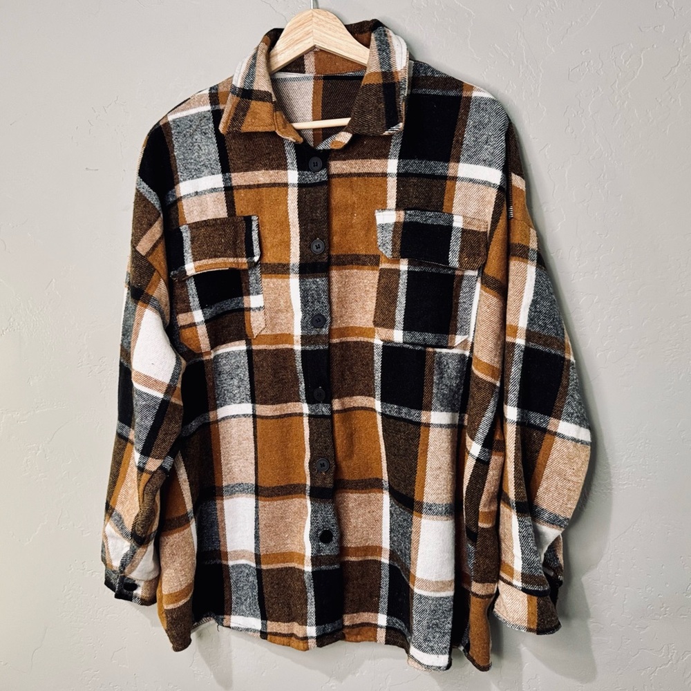 NWT Nine Britton Boyfriend Shacket Plaid Flannel Almond Brown Black SZ XL/XXL - Picture 5 of 16